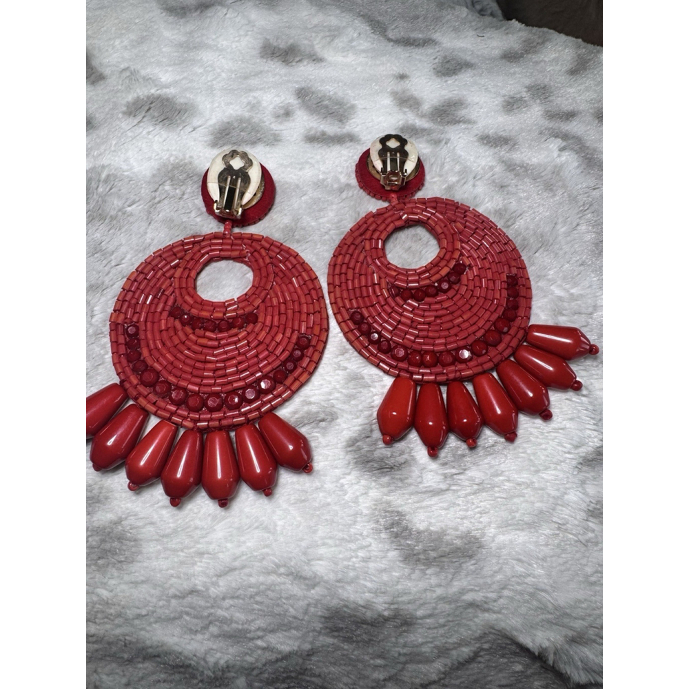 HSN KJL by Kenneth Jay Lane" Legendary Boho" Red Dangle Earrings Pierce - Picture 10 of 10
